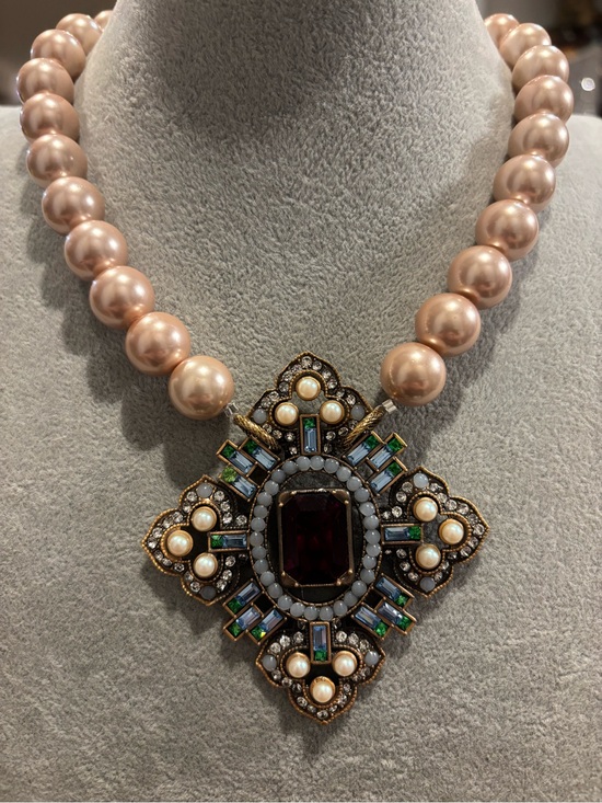 Handmade Jewelry - Creamy Pearl Necklace with Ornate vintage Jeweled Cross Pendant